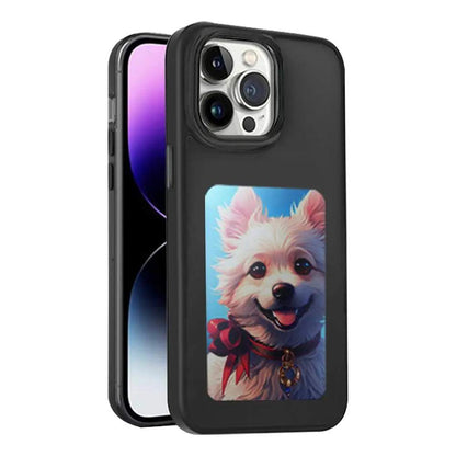 E-Ink DIY Phone Case displaying customizable artwork on black, white, and red e-ink screen protective phone cover