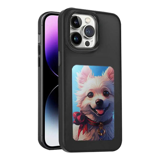 E-Ink DIY Phone Case displaying customizable artwork on black, white, and red e-ink screen protective phone cover