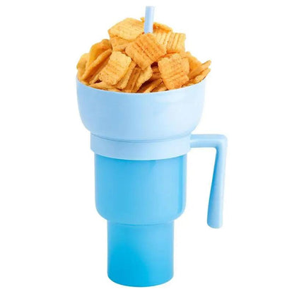 Snack Cup with separate snack bowl and 32oz drink cup showcasing color-changing effect and built-in straw for hands-free snacking and sipping.