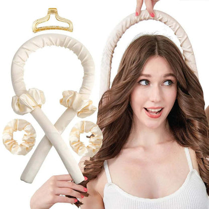 Heatless curling rod headband shown on a woman's hair for effortless overnight curls.