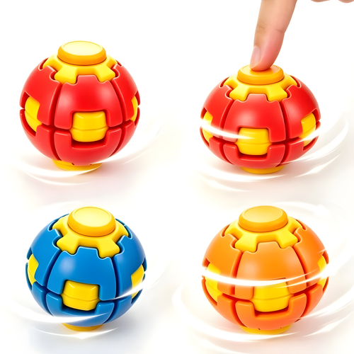 Compact Press and Spin Fidget Ball with rotating top button and side rollers in vibrant color options for tactile hand movement