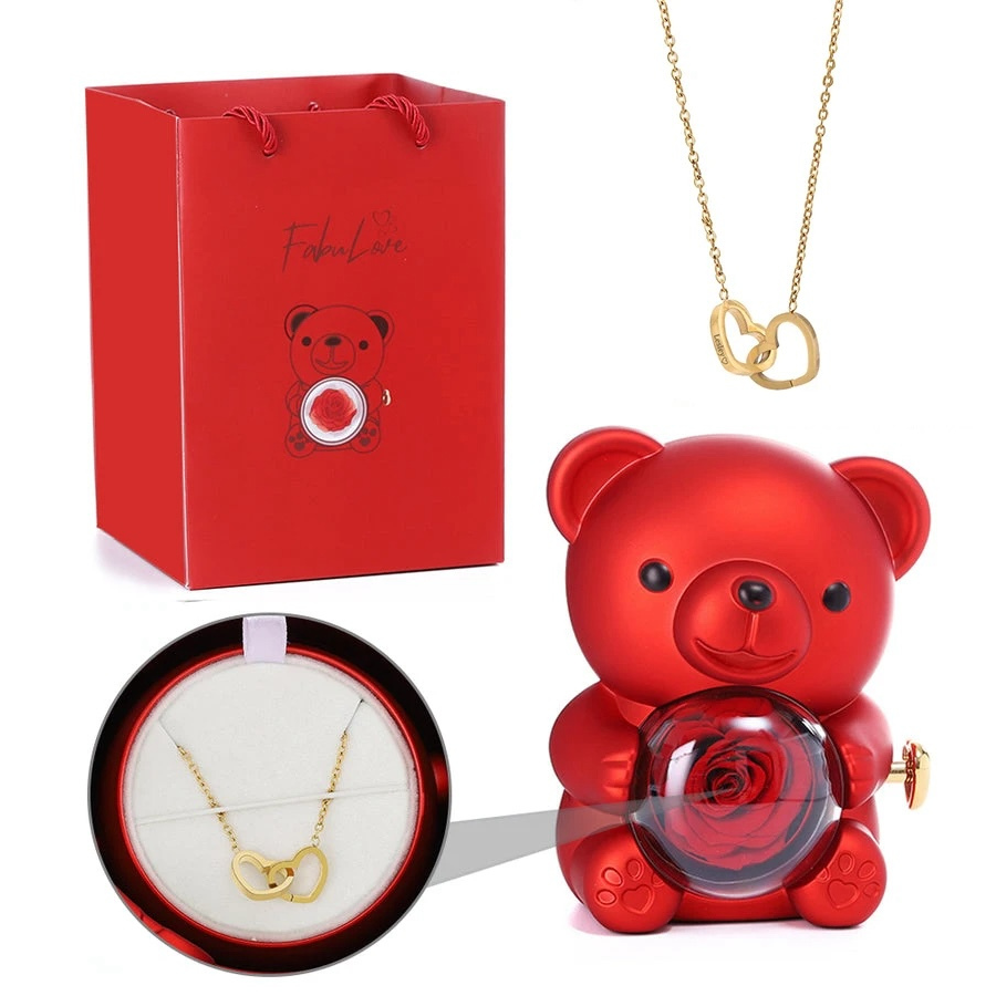 Eternal Rose Teddy Bear with rotating jewelry box and necklace gift set