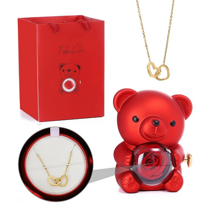 Eternal Rose Teddy Bear with rotating jewelry box and necklace gift set