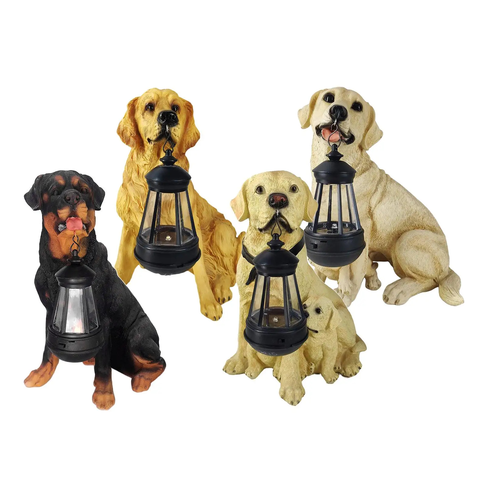 Solar dog lantern resin garden statue holding solar lantern in mouth by plants