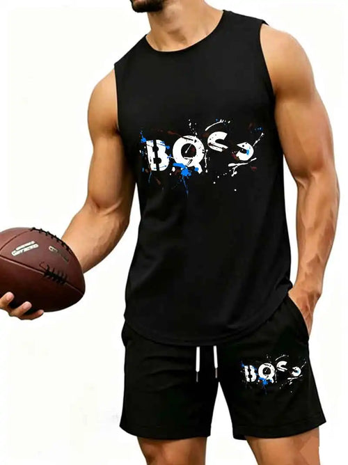 Men's  Graffiti Letter Print 2-Piece Tracksuit, Sleeveless Muscle Tank Top with Drawstring Shorts, Casual Urban Sportswear