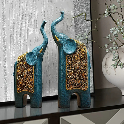 Blue & Gold Elephant Figurine Pair
