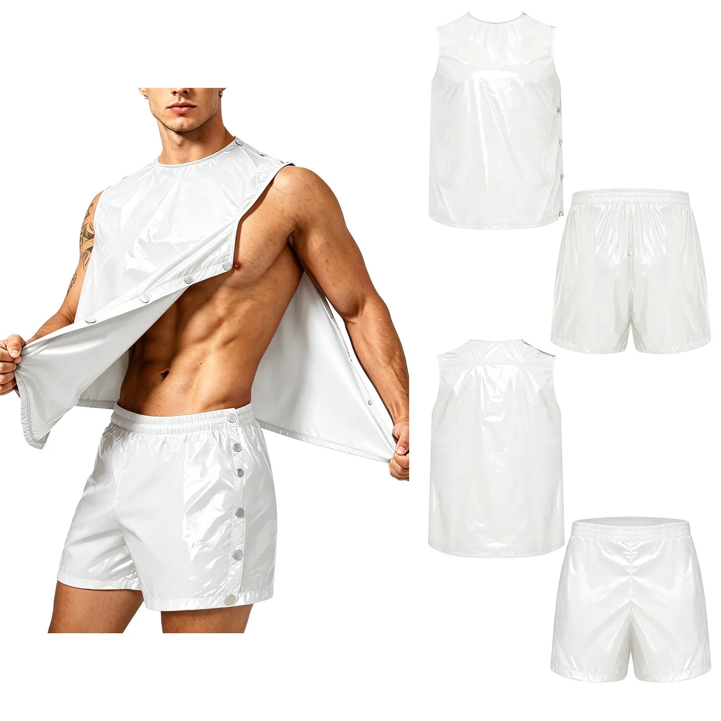 Men Adaptive Waterproof Sweat Outfit Tank Top and Side Buttons Boxer Shorts Quick Dry Comfortable Special Needs Workout Training