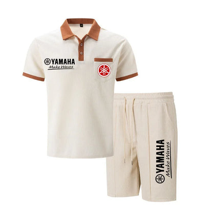 Yamaha Men's Multi-Color Waffle Knit Short Sleeve & Shorts Set, Casual Breathable Sweat-Absorbent Polo Outfit Daily Street Wear.