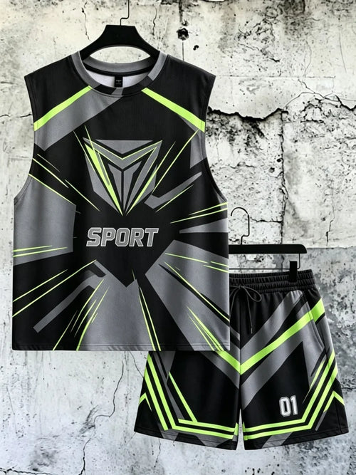 Men's Geometric Sport Print Sleeveless Tank & Shorts Set, Loose Comfort Athletic Outfit