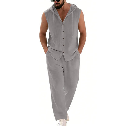 Men's Casual Linen Suit Hooded Sweater And Pants Set Solid Color Breathable Comfortable Men's Clothing