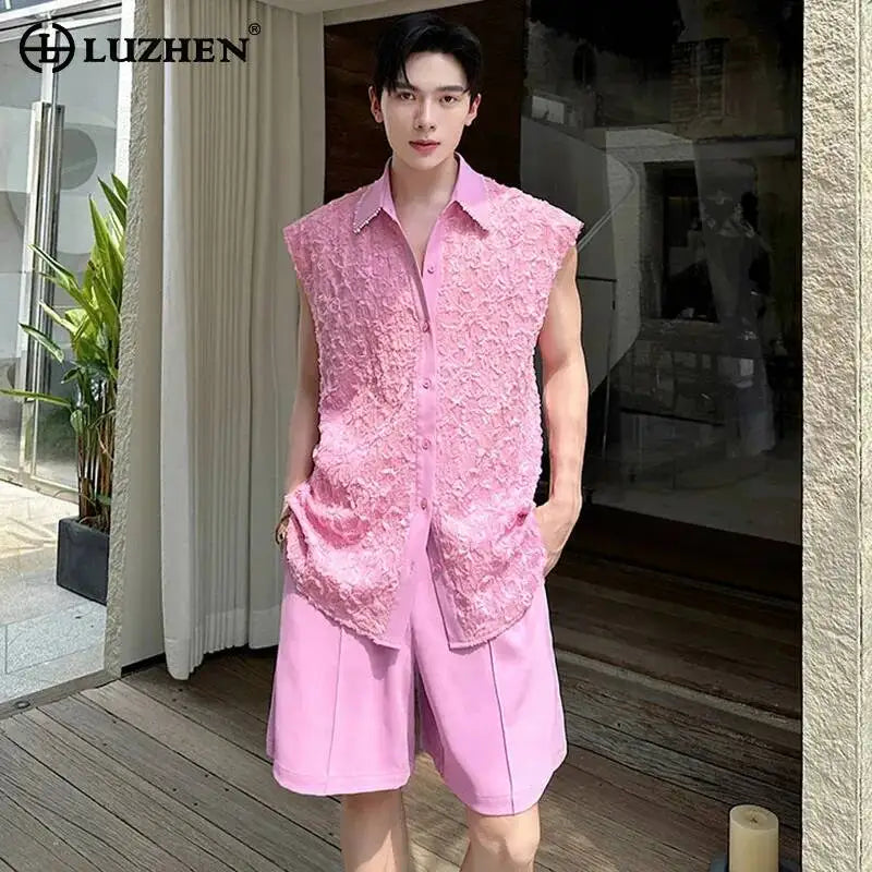 LUZHEN Tank Three-dimensional Patchwork Design Sleeveless 2025 Tops Summer Men's Elegant Handsome Shorts Two-piece Sets JY7065