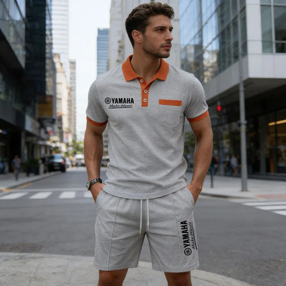 Yamaha Men's Multi-Color Waffle Knit Short Sleeve & Shorts Set, Casual Breathable Sweat-Absorbent Polo Outfit Daily Street Wear.
