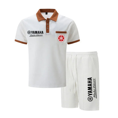 Yamaha Men's Multi-Color Waffle Knit Short Sleeve & Shorts Set, Casual Breathable Sweat-Absorbent Polo Outfit Daily Street Wear.