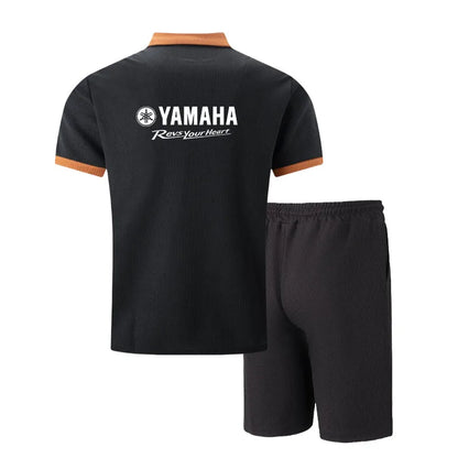 Yamaha Men's Multi-Color Waffle Knit Short Sleeve & Shorts Set, Casual Breathable Sweat-Absorbent Polo Outfit Daily Street Wear.