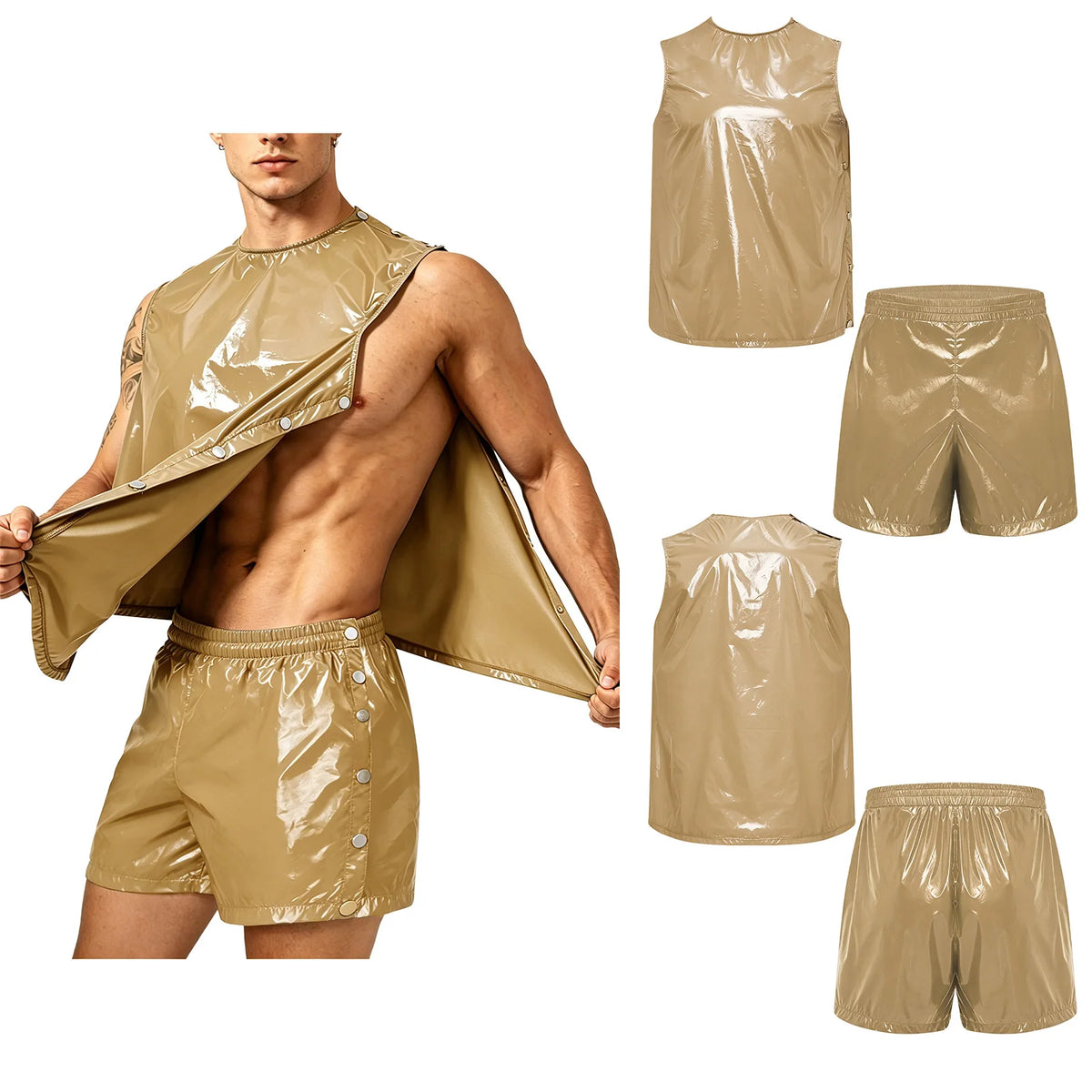 Men Adaptive Waterproof Sweat Outfit Tank Top and Side Buttons Boxer Shorts Quick Dry Comfortable Special Needs Workout Training