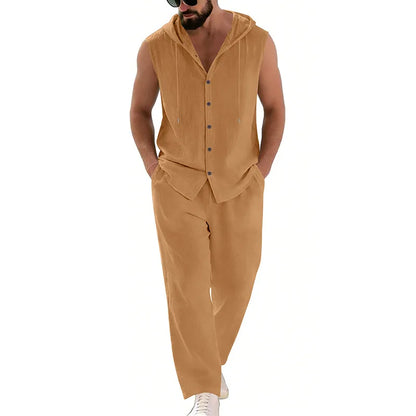Men's Casual Linen Suit Hooded Sweater And Pants Set Solid Color Breathable Comfortable Men's Clothing