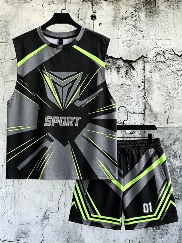 Men's Geometric Sport Print Sleeveless Tank & Shorts Set, Loose Comfort Athletic Outfit